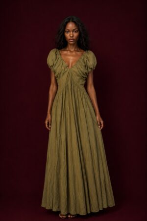 Olive Ruched Maxi Dress