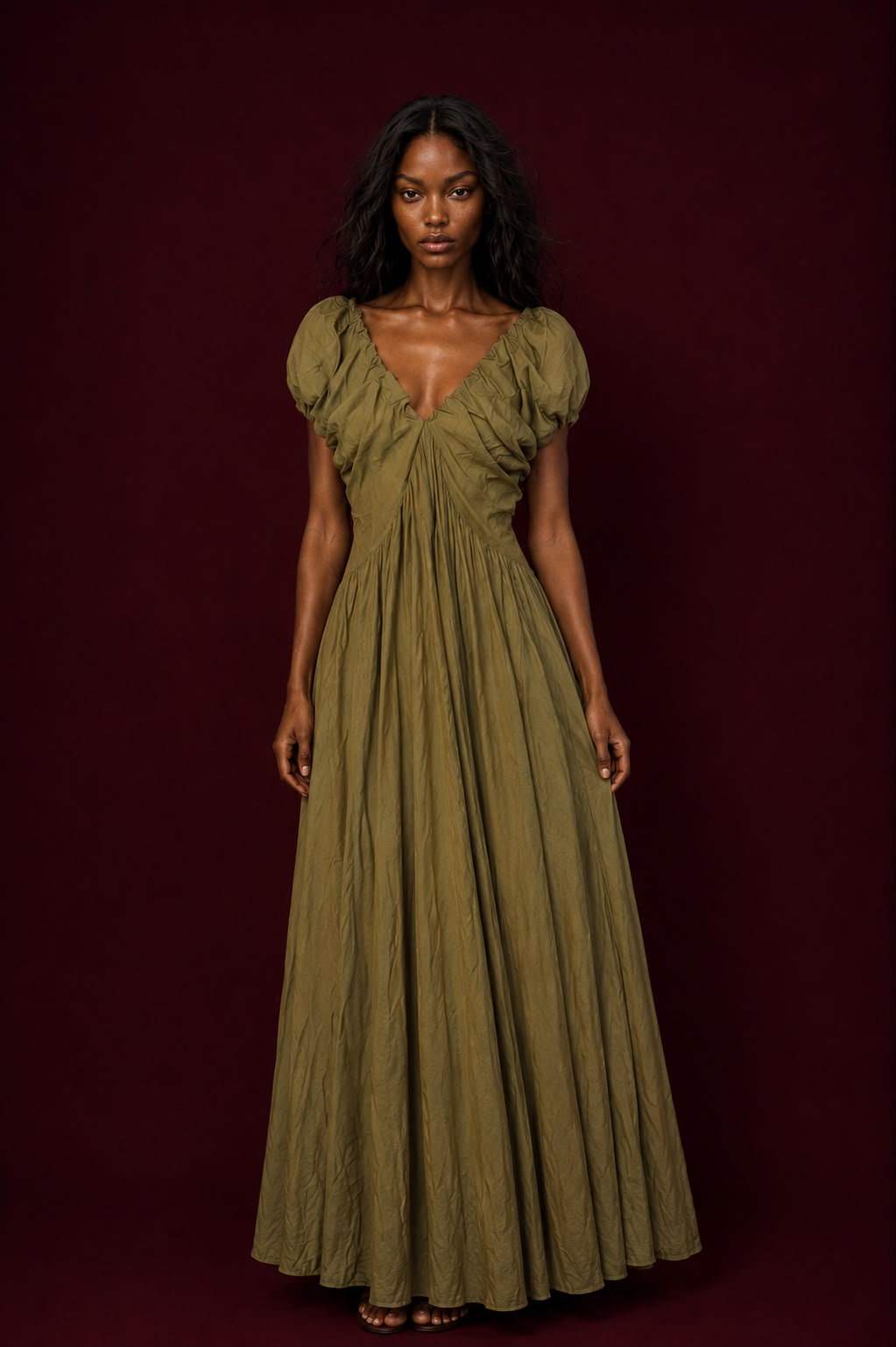 Olive Ruched Maxi Dress