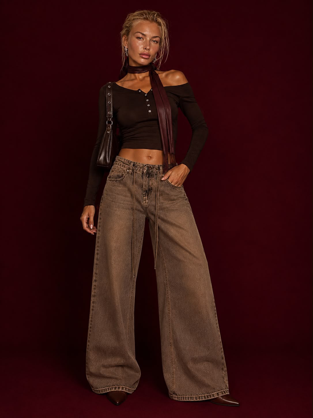 Vintage Brown Drawstring Wide-Leg Jeans