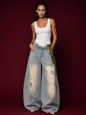 Distressed Fold-Over Wide Leg Jeans