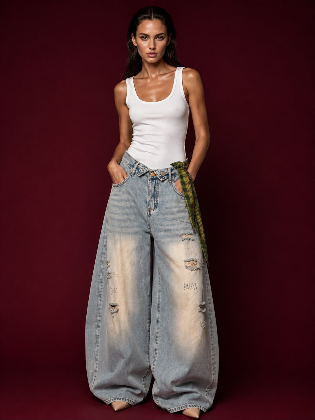 Distressed Fold-Over Wide Leg Jeans