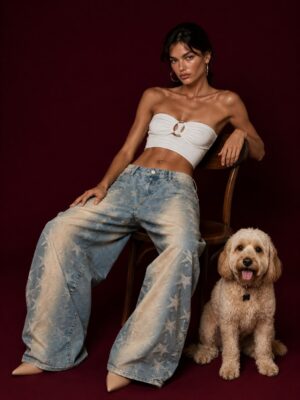 Star Embossed Wide-Leg Jeans